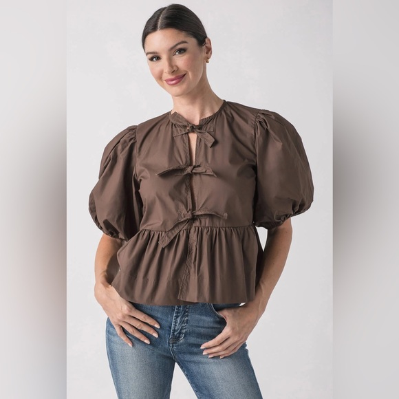 Social Threads Olivaceous Alice Tie Peplum Cotton Puff Sleeve Small Coffee Bean - Picture 1 of 9